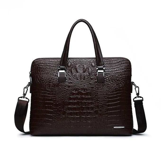 Exquisite Mens Leather Briefcase Handbag With Stylish Croc Skin MacBook Case Laptop Bag Office Bag Business Bag + Free Classic Croc Skin Leather Clutch Purse Souvenir Gift Package