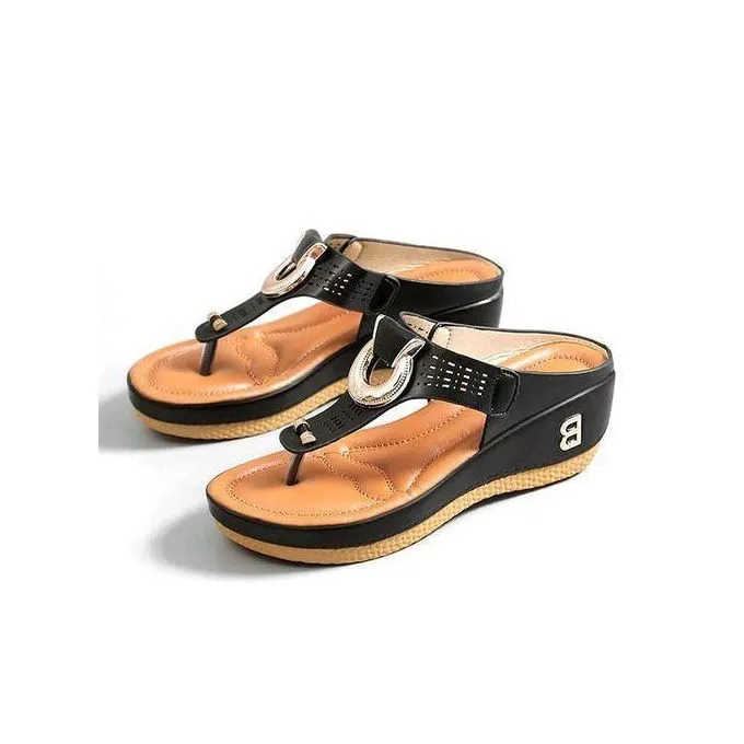 SHJO Shoes Women Comfortable Beach Daily Shopping Date Commute Synthetic Non-slip Arch Support Wedge Thong Flip Flop Sandals Black