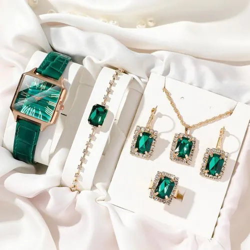 Luxury Women Green Crystal Jewelry Set With Square Watch Necklace Earrings Bracelet Ring Orange Gift Set