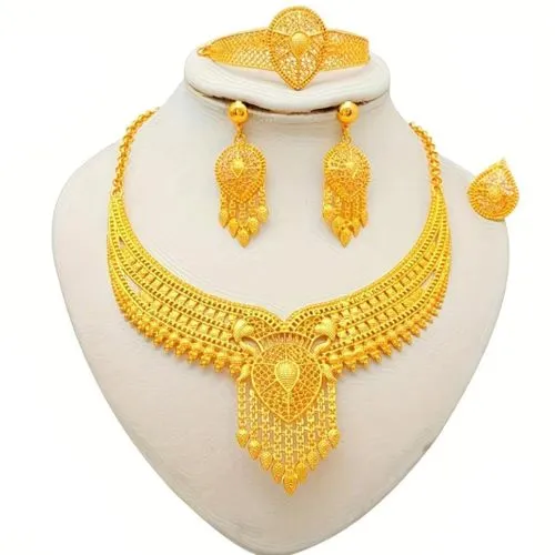 4Pcs Dubai Bride Gold Jewelry Set Statement For Women, Cross Crown Roman Style Luxurious Elegant Golden Necklace Earrings Ring Bracelet Wedding Accessories