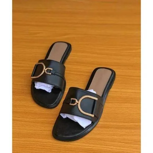 Quality Leather Black Female Slippers Palm