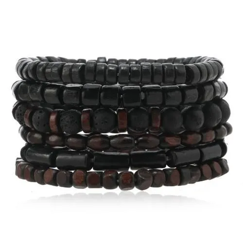 6-In-1 Men's Vintage Wooden Beads Bracelet Set - Black Multi-Layer Elastic Volcanic Lava Stone Wristband Luxury Jewelry