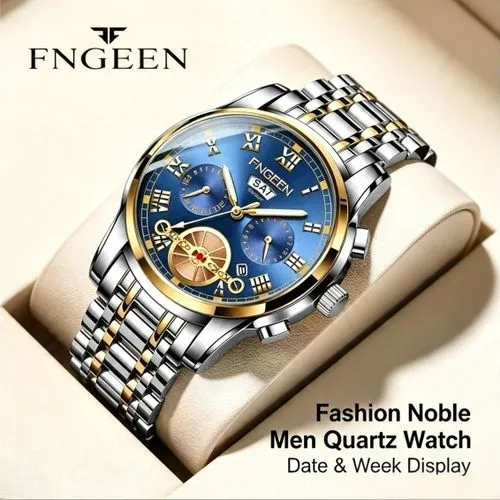 FNGEEN FNGEEN Men Luxury Quartz Watch Blue Dial Steel Band Waterproof Multi Function Calendar Wrist Watch Gift