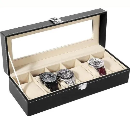 6-Slot Luxury PU Leather Watch Box, Velvet Interior with Glass Lid, Multi-Purpose Storage and Display Case for Watches and Jewelry, Black