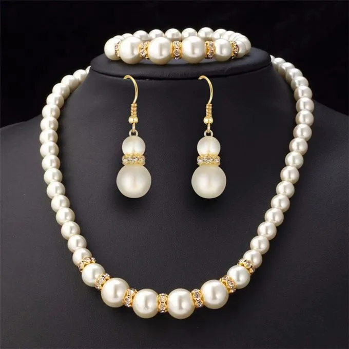 3 In 1 Necklace, Earring And Bracelet Jewelry Set- Gold-White