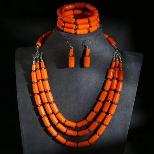 Three-Piece Orange Necklace Set Beaded Multi-Layered Jewelry set Bohemian for Women